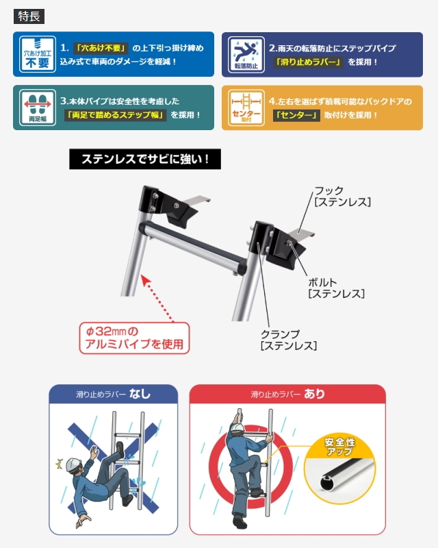 ロッキープラス 1BOXバン用ハシゴ AK-11 ハイゼットカーゴ S320V.321V.330V.331V系（ハイルーフ車用）穴あけ不要の上下引っ掛け締め込み式！などカー用品＆カーアクセサリーのことならWeb  Shop Sanyo Dream（ウェブショップサンヨードリーム）まで！